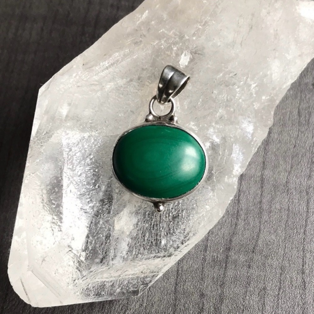 Vintage Genuine Malachite Gemstone Sterling Silver Stamped Pendant